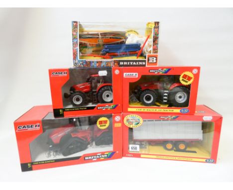 Four Britain's ERTL 1:32 scale model Diecast tractors and trailers, and a vintage Britain's farm implement 