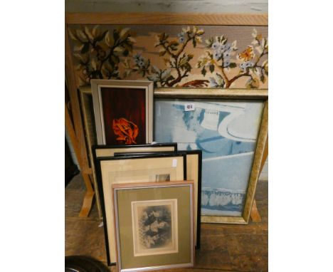 Tapestry panel in frame and various framed pictures and prints 