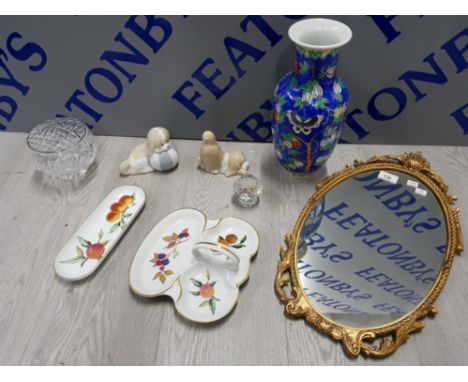 MIXED ITEMS INCLUDING 2 ROYAL WORCESTER EVESHAM DISHES, 2 VALENCIA DOG FIGURES AND A OVAL GILT MIRROR ETC