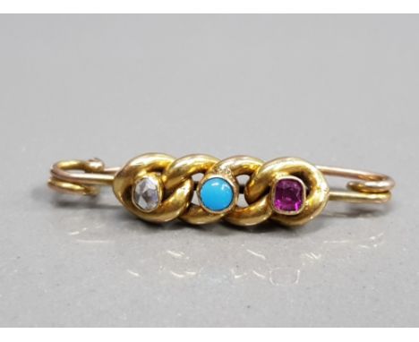 18CT YELLOW GOLD BROOCH SET WITH A WHITE STONE TURQUOISE STONE AND RUBY STONE IN A RUB OVER SETTING ACROSS THE TOP 2.7G GROSS