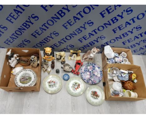 3 LARGE BOXES OF CERAMIC ITEMS INCLUDES ANIMAL FIGURES, GRINDLEY PLATES FEATURING HUNTING SCENES AND A BURAGO DIECAST VEHICLE