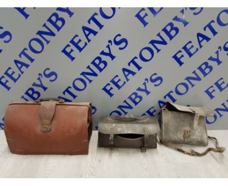 3 VINTAGE BAGS INCLUDES GENTLEMEN'S BROWN LEATHER BAG, DARK LEATHER AMMUNITION CASE WITH BUCKLES AND STRAPS AND A MANS BAG WI