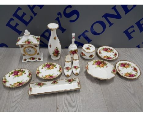 12 PIECES OF OLD COUNTRY ROSES BY ROYAL ALBERT INCLUDES TABLE CLOCK, VASE, BELL AND PLATES ETC