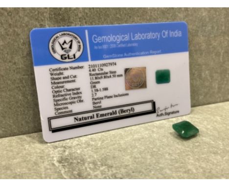 4.04CT CERTIFIED EARTH MINED RECTANGULAR STEP CUT EMERALD GEMSTONE - COLOUR ENHANCED WITH GLI CARD