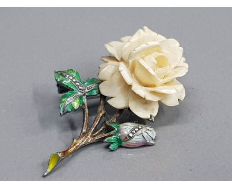 SILVER MARCASITE BONE AND ENAMEL ROSE BROOCH