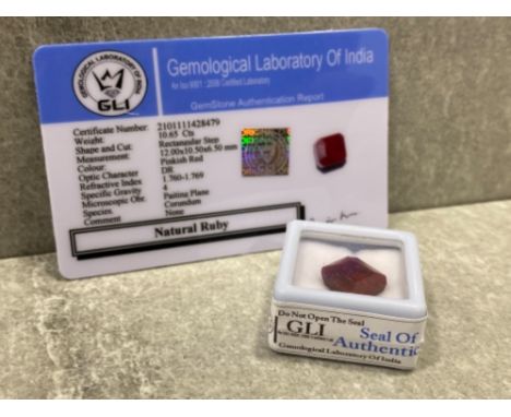 10.65 CERTIFIED EARTH MINED RECTANGULAR STEP CUT RUBY GEMSTONE - COLOUR ENHANCED WITH GLI CARD