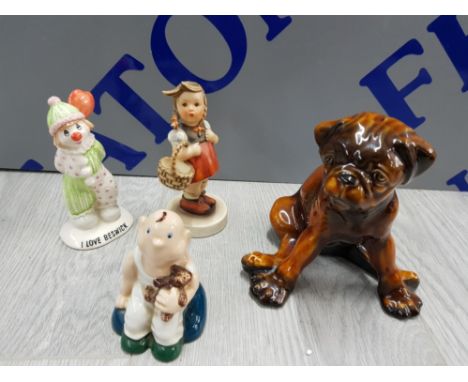 4 COLLECTABLE FIGURES INCLUDES GOEBEL WEST GERMAN GIRL WITH BASKET, BESWICK CLOWN, WADE BOY WITH TEDDY AND A SYLVAC DOG