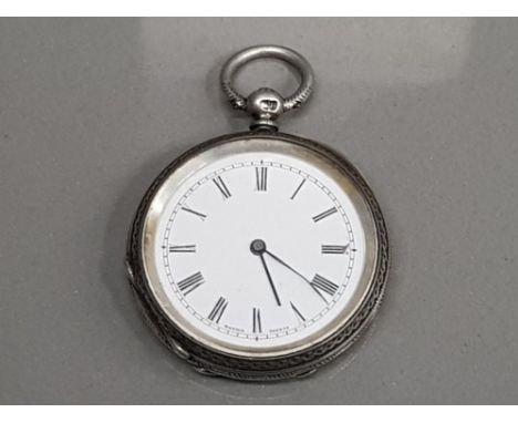 SILVER OPEN FACED BAUME GENEVE POCKET WATCH WITH WHITE DIAL AND BLACK ROMAN NUMERAL HOUR MARKERS