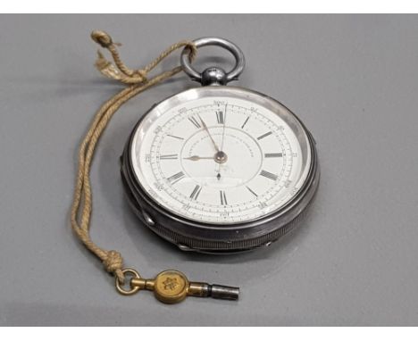 GENTS SILVER CENTRE SECONDS SECOND CHRONOGRAPH POCKET WATCH WITH TATCHY METRE AND BLACK ROMAN NUMERAL HOUR MARKERS AND GOLD P
