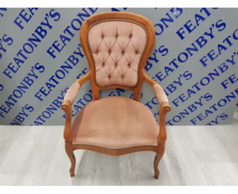 REUPHOLSTERED QUEEN ANNE STYLE BUTTON  BACK ARM CHAIR