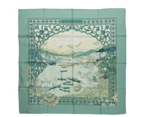 HERMES Paris Made In France. Carré 'Le Fleuve Sacré'.Dessin de Catherine Baschet. En soie imprimée, marge opaline.90 x 90 cmC