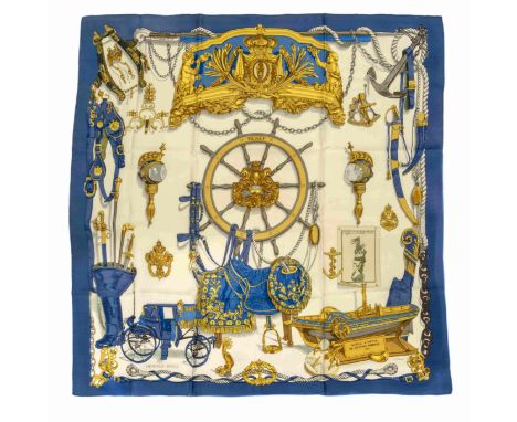 HERMES Paris Made In France. Carré 'Musée'.Dessin de Philippe Ledoux. En soie imprimée, marge bleue.90 x 90 cmCondition d'éta