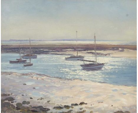 Wilfred Pettit British (1904-1978), A trio of Norfolk coastal scenes some with sailboats at low tide, oil on panel, signed, 1