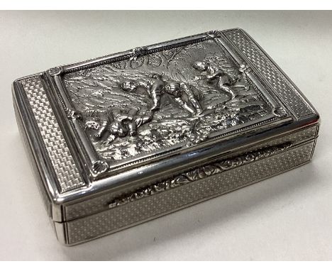 A rare Victorian silver snuff box cast with figural scenes and trees. London 1848. By Thomas Edwards. Approx. 137 grams. Est.