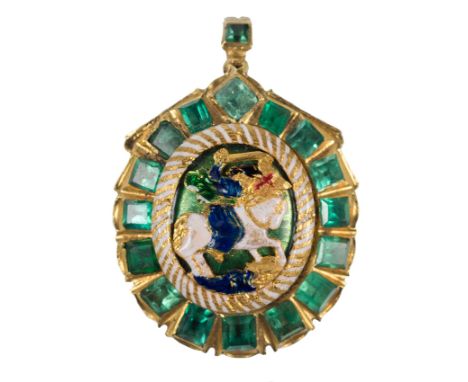 Large, gold reliquary pendant with emeralds and enamel. 17th century.    Large, gold, emerald and enamel reliquary pendant. 1