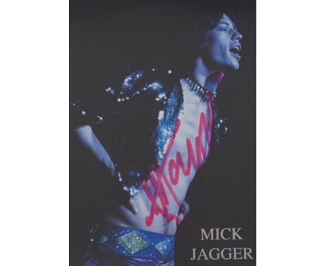 Mick Jagger, The Rolling Stones - postcard signed "Mick Jagger"  in red pen, 5.75" x 4"