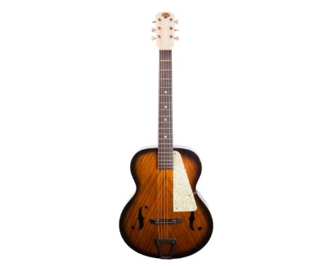 1930s 'Globe' archtop acoustic guitar; Finish: two-tone sunburst, mild lacquer checking and other blemishes; Fretboard: eboni