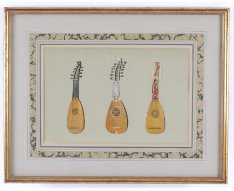 19th century book page - hand coloured print of fretted instruments, within a giltwood frame, 15" high, 19" wide