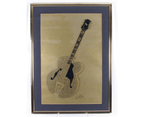 Large framed print depicting a jazz guitar made up of musical notation upon a gold ground, signed 'Harvey' '77, 28.5" high x 