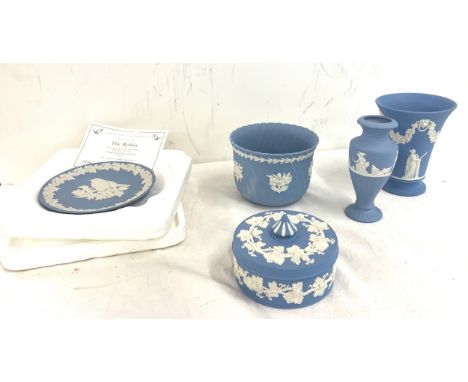 Selection of Wedgwood Jasperware Blue pieces to include, Vases, lidded trinket etc 
