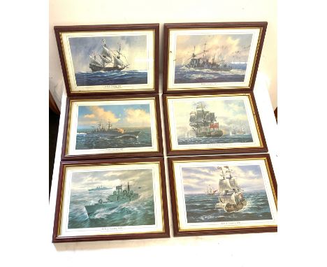 6 Framed battleship prints, each measuring approximately 30 inches by 9.5 inches 