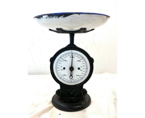 Victorian kitchen scales with enamel dish, overall height include bowl 12 inches 