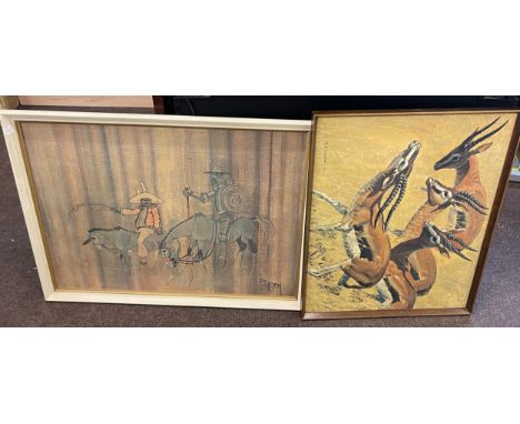 2 Vintage framed prints depicting Gazelles, Mexican men 