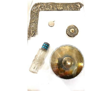 Selection of Silver items includes silver and enamel topper perfume bottle, parts of a photo frame, locket etc 