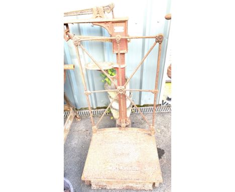Pair Antique Industrial Avery platform scales with weights 