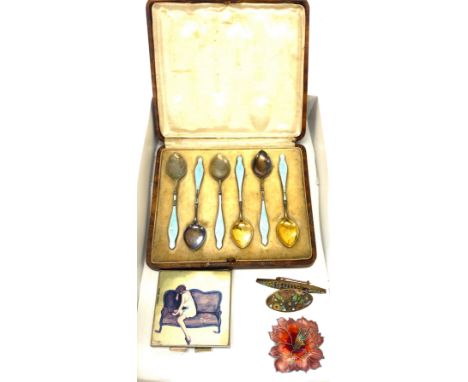 Selection of plated items etc includes Enamel spoons, brooches, compact mirror etc 