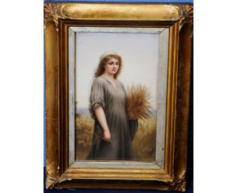 19th C porcelain panel depicting young maiden collecting crops, the reverse marked 167 mounted in step gilt frame (10cm x 14.