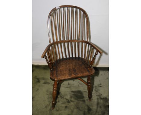 Primitive style ash and elm stick back Windsor armchair with Crinoline under stretcher and turned supports 