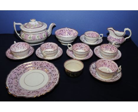 Selection of 19th C Sunderland pink lustre including tea cups and saucers, tea pot, milk jug and sugar bowl and cake plate an