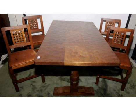 Robert Thompson 'Mouseman' 1960s oak refectory table ( length 5ft) and a set of four matching lattice back chairs with leathe