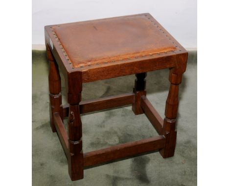 Robert Thompson 'Mouseman' 1960s oak dressing table stool with leather upholstered top (39cm x 31cm x 45cm)