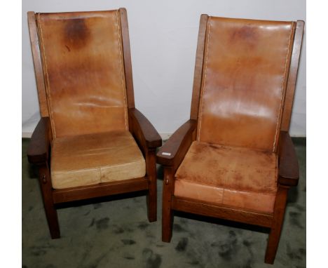 Pair of Robert Thompson 'Mouseman' 1960s oak easy armchairs with tan leather upholstered back and loose swab cushions 