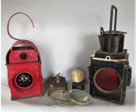 Kenyans patent Serilight lens lamp, with red painted highlights, 43cm high, together with a further black lamp and further le