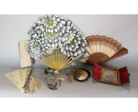 Box of interesting items to include 19th century lacquered box, the lid decorated with a standing portrait of a lady, three b