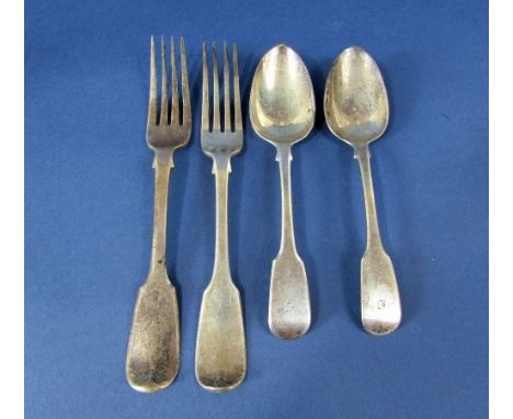 William IV silver pair of fiddle pattern dessert spoons, together with a further William IV table fork, maker WC, London 1832