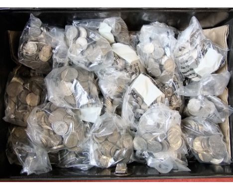 Tin trunk containing a large quantity of post 1947 and pre decimal shillings and florins and sixpences