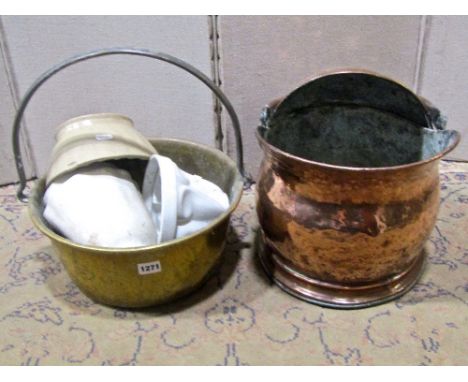 A 19th century brass and steel jam pan, further copper coal helmet and four ceramic jelly moulds