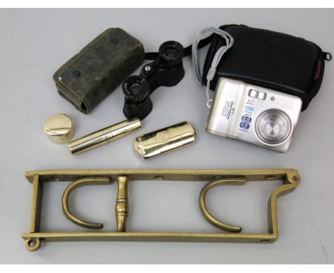 Mixed miscellaneous lot to include, brass vesta and lighter, pipe, screw box, pill box, wall bracket, with pair of opera glas
