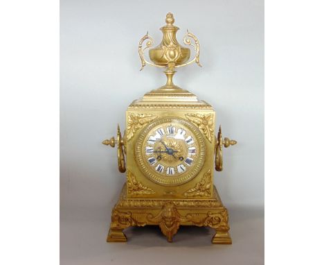 Good quality French gilt brass bracket clock, mounted with a twin handled campana  urn and twin handles, the embossed brass d