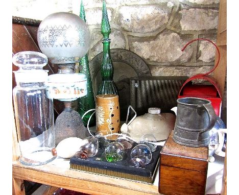 A mixed miscellaneous lot to include 20th century cast iron and opaline glass oil lamp, a large pair of faceted twin baluster