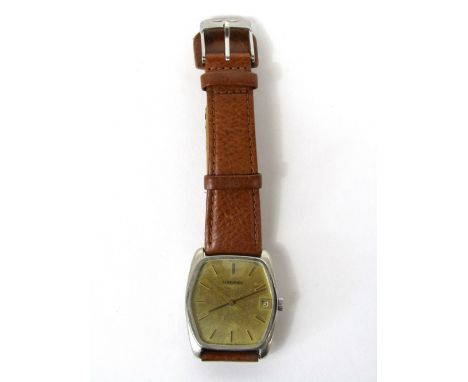1970s Longines gents manual wind wristwatch, with gilt dial fitted with baton markers and date aperture, stainless steel case