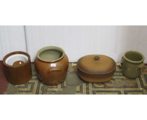 A Le Creuset 33 cast iron and enamelled casserole pot and cover, a number of Hornsea oven to table ware jars, teak table with