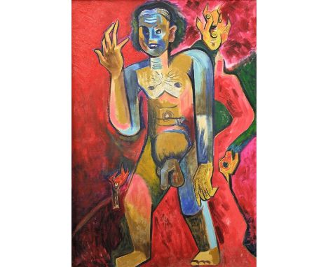 Possibly by Francoise Gilot (Born 1921, French) - Nude portrait of a standing gentleman with further surreal characters, sign