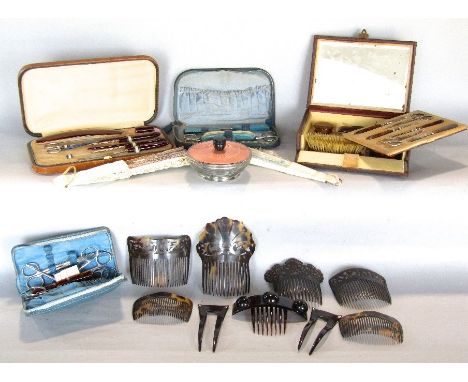 Four vintage cased manicure/grooming sets, together with a collection of tortoiseshell type hair grips, two brise fans and a 
