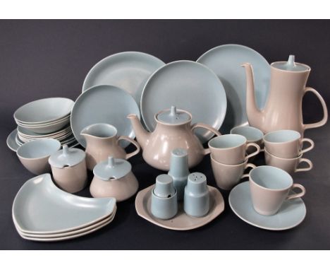 A quantity of Poole Pottery wares with pale grey and pale blue colourway including coffee pot, tea pot, milk jug, sugar bowl 