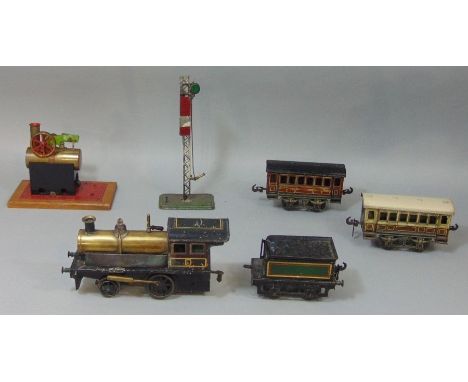 Gauge 1 Live Stork leg 2-2 steam locomotive (probably George Carette) and tender of brass and tin plate with detachable spiri